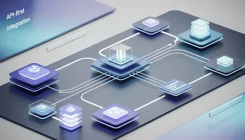 Illustration of API-first integration showing interconnected software components for e-commerce.
