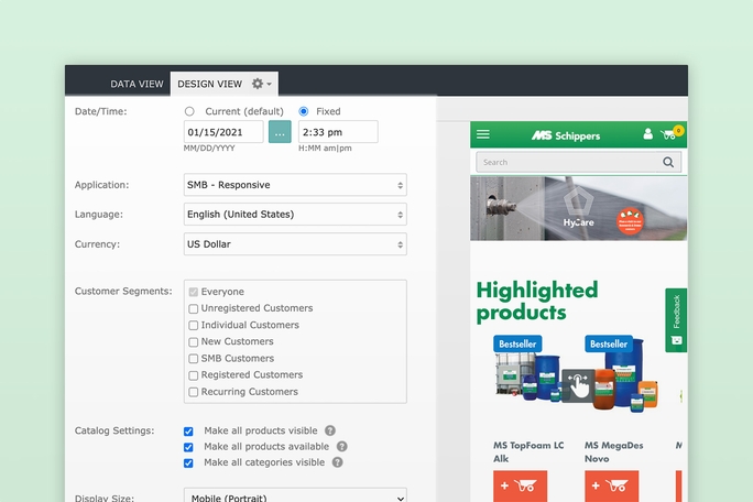Vue dorsale d'Intershop Experience Management pour les fabricants
