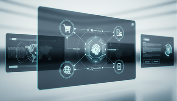 Illustration von vernetzten digitalen Plattformen, die nahtlose Omni-Channel-Erlebnisse im E-Commerce durch KI ermöglichen.
