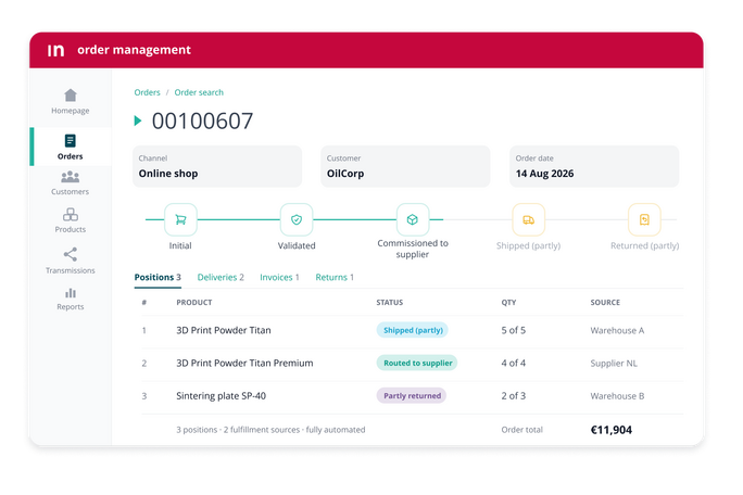 Screenshot des Intershop Order Management mit Bestellung 00100607 aus dem Online-Shop für den Kunden OilCorp und einer grafischen Order-Lifecycle-Anzeige von Initial bis Shipped und Returned.