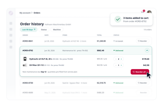 Screenshot der Intershop Bestellhistorie mit einer Wartungsbestellung für Hydrauliköl und Ölfilter und einem Button „Reorder all“, über den Kunden per Self-Service alle Positionen erneut in den Warenkorb legen.