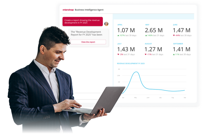 Image showing the Intershop Business Intelligence Agent dashboard with revenue KPIs while a person works on a laptop, highlighting tailored insights for daily operations.