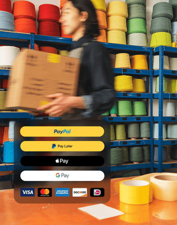 Bild zeigt verschiedene PayPal-Zahlfunktionen wie PayPal, Pay Later, Apple Pay, Google Pay und Kreditkartenlogos vor dem Hintergrund eines Stoff- oder Nähladens mit einer Person, die einen Karton trägt.