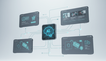 Illustration von vernetzten digitalen Plattformen, die KI nutzen, um hyper-personalisierte Customer Journeys mit individuellen Angeboten und Inhalten zu erstellen.