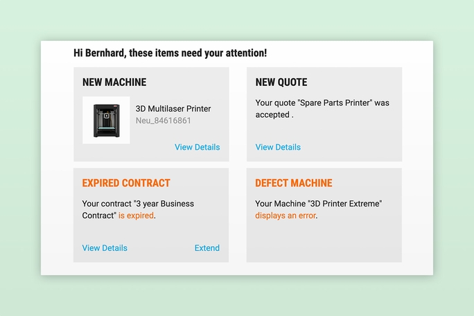 Backend-Ansicht Intershop Customer Portal mit Self-Service-Optionen