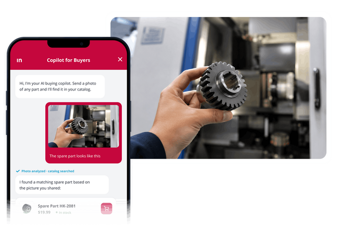 Bild zeigt Intershop Copilot for Buyers auf dem Smartphone, der anhand eines Fotos eines Zahnrads ein passendes Ersatzteil im Katalog findet.