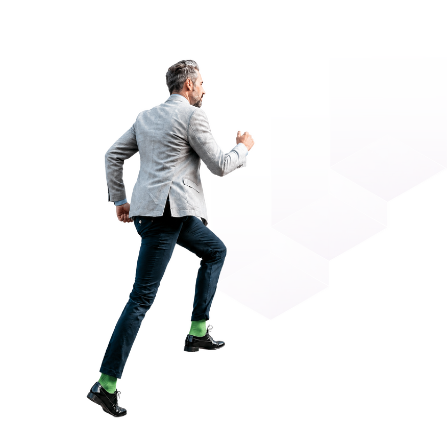 Bild zum Intershop Spring 2026 Release mit einer Person, die eine 3D-Treppe mit den Stufen „EXPERIMENT“, „USE“, „CUSTOMIZE“ und „SCALE“ hinaufgeht und damit den Start der Agentic-Commerce-Reise symbolisiert.