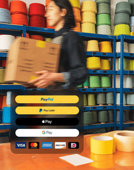Image showing multiple PayPal payment options such as PayPal, Pay Later, Apple Pay, Google Pay and credit card logos in front of a fabric or sewing shop background with a person carrying a box.