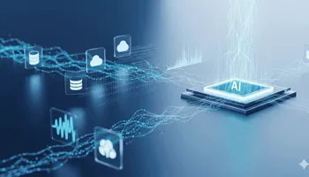 Illustration of AI integrating various data sources like ERP, e-commerce, PIM, and real-time data.