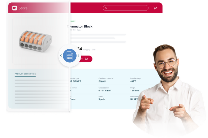 Darstellung des Intershop Product Content Agent, der ein technisches Produktdatenblatt für einen Connector Block in eine angereicherte, strukturierte Produktdetailseite überführt, mit einem lächelnden Manager, der auf die Lösung zeigt.