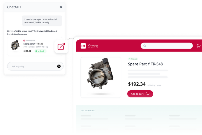 Screenshot von Intershop mit Produktsuche über das Agentic Commerce Protocol (ACP), der ein ChatGPT-Ergebnis zeigt, das direkt auf eine Ersatzteil-Produktseite im Intershop Store verlinkt.