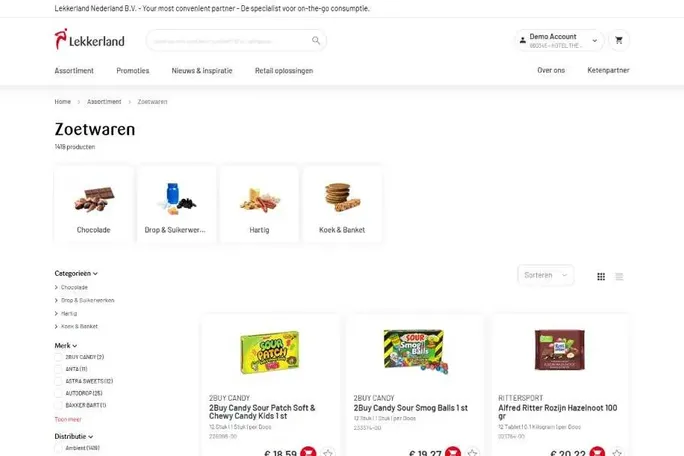 Screenshot von Lekkerland Demo-Onlineshop mit verschiedenen Artikeln und Kategorien