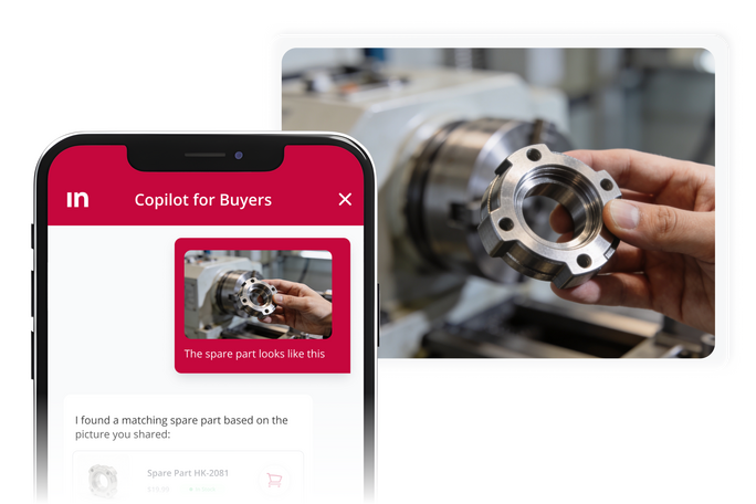 Screenshot der mobilen Oberfläche des Intershop Copilot for Buyers, der mithilfe einer visuellen Produktsuche ein passendes Ersatzteil auf Basis eines Fotos eines Industriebauteils findet.