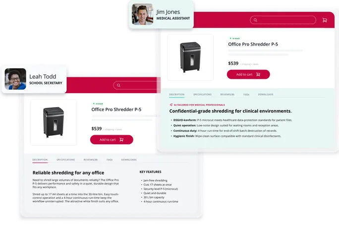 Capture d’écran de l’Intershop Product Content Agent affichant des pages pour l’Office Pro Shredder P-5 avec des textes adaptés à des segments comme « Leah Todd, School Secretary » et « Jim Jones, Medical Assistant ».