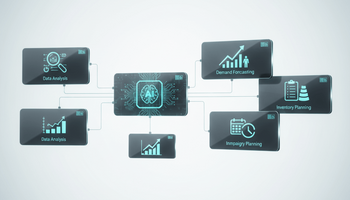 Illustration von KI-gestützter Predictive Analytics mit vernetzten Datenplattformen zur Prognose von Kaufverhalten und Beständen im E-Commerce.