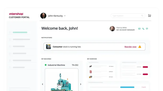 Capture d'écran du portail client Intershop présentant un tableau de bord client B2B personnalisé comprenant des alertes, des informations sur les machines et des données relatives au compte.