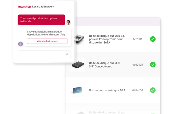 Image showing the Intershop Localization Agent with the command “Translate all product descriptions to French” and a product list where all items are marked with green check marks as successfully translated into French.