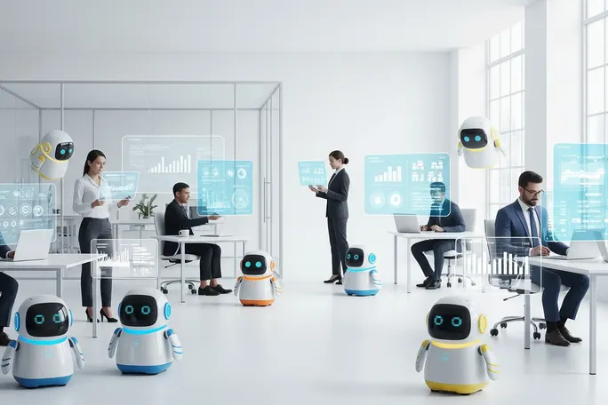 Illustration einer modernen Büroumgebung, in der intelligente Software-Agenten und Roboter mit Menschen für agentenbasierten Handel zusammenarbeiten.