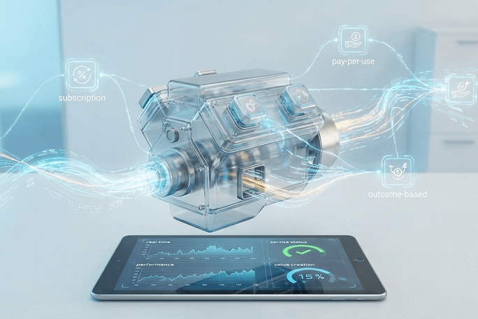 A futuristic digital illustration showing B2B servitization strategies.