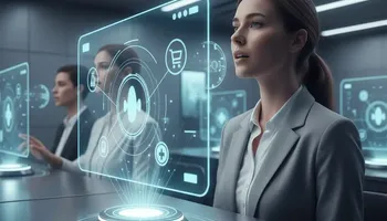 Illustration of AI-enhanced voice shopping showing virtual assistants enabling hands-free shopping experiences in e-commerce.