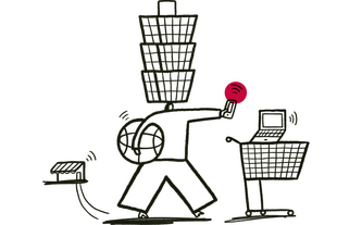 Einzelhandel in E-Commerce ein Kunde mit Einkaufswagen