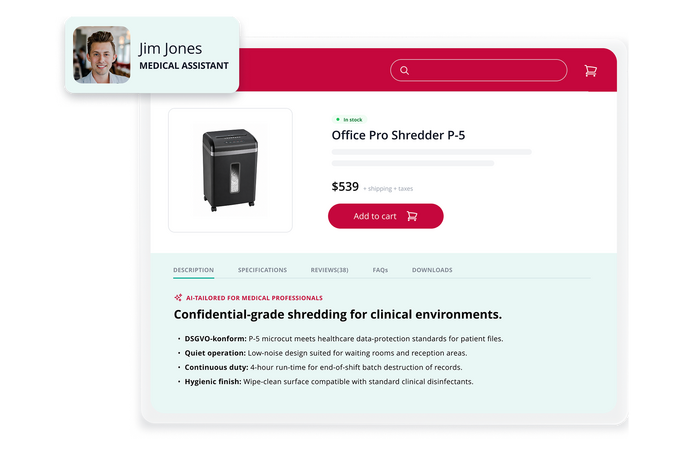 Screenshot einer Intershop B2B-Produktdetailseite für den „Office Pro Shredder P-5“ mit der Persona „Jim Jones, Medical Assistant“ und AI-optimierten Produkttexten für medizinische Fachkräfte zur Steigerung der B2B-Online-Umsätze.