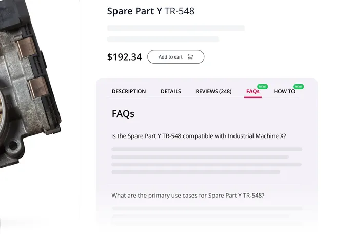 Screenshot of a “Spare Part Y TR-548” product page with price plus FAQs and How-to tabs created by the Intershop Product Content Agent to optimize for search and GenAI discovery.