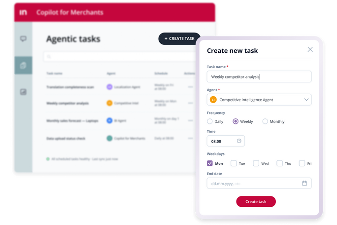 Ansicht von Intershop Copilot for Merchants beim Anlegen einer neuen wiederkehrenden Aufgabe für die wöchentliche Wettbewerbsanalyse mit dem Competitive Intelligence Agent.