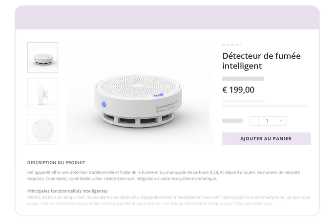 Screenshot of a French product page for a smart smoke detector automatically updated in the online shop using the Intershop Localization Agent and Intershop PIM.