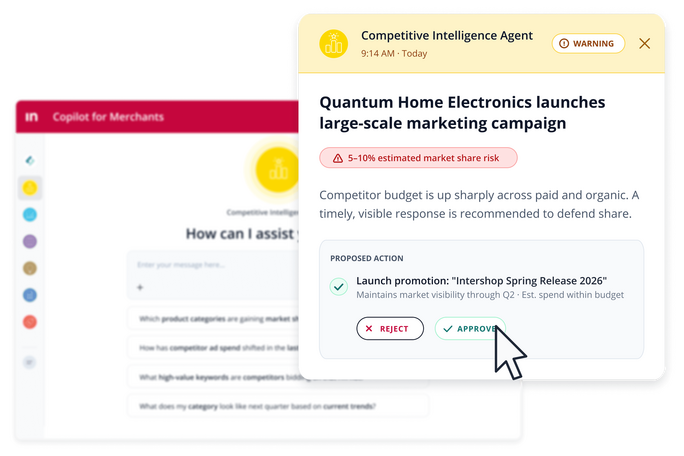 Screenshot of the Intershop Competitive Intelligence Agent sending a proactive alert about a competitor’s large-scale marketing campaign with a proposed action to launch an Intershop Spring promotion.