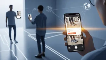 Illustration of visual search technology in e-commerce, showing customers using smartphones to find products via real-world images.
