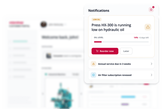 Screenshot of the Intershop Customer Portal showing aftersales notifications such as “Press HX-300 is running low on hydraulic oil”, upcoming service and renewed air filter subscription to support proactive reordering.