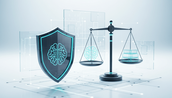 Illustration einer Waage und eines Schutzschildes mit einem KI-Symbol, die Ethik, Datenschutz und Transparenz in der KI-Nutzung darstellen.