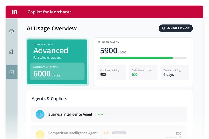 Screenshot des Intershop Copilot for Merchants mit einem Dashboard zur KI-Nutzungsübersicht, das Paketdetails, verbleibende Credits und Agents anzeigt, um volle Kontrolle über die KI-Kosten zu ermöglichen.