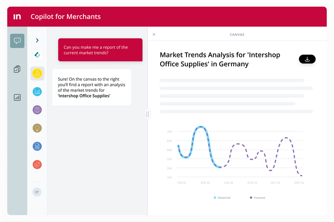 Screenshot of the Intershop Competitive Intelligence Agent in Copilot for Merchants generating an integrated market trends report for Intershop Office Supplies in Germany with visual charts.