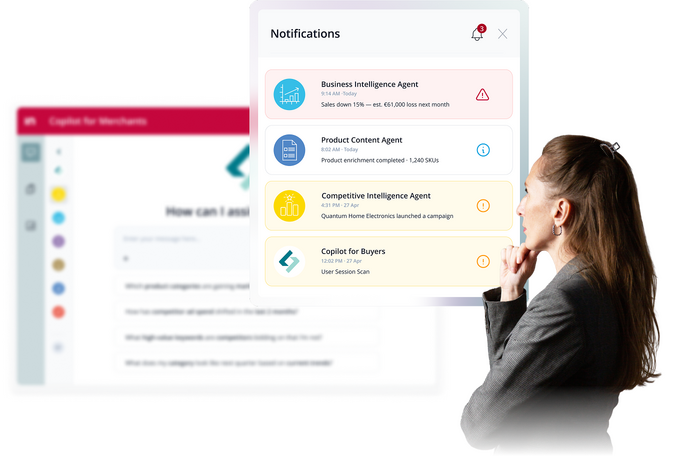 Bild von Intershop Copilot for Merchants mit einer Managerin, die auf ein Benachrichtigungsfenster blickt, in dem Business Intelligence Agent, Product Content Agent, Competitive Intelligence Agent und Copilot for Buyers aufgeführt sind.