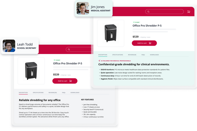 Ansicht des Intershop Product Content Agent, der eine Produktdetailseite für verschiedene Zielgruppensegmente mit maßgeschneiderten Texten für bestimmte Kundenrollen anpasst.