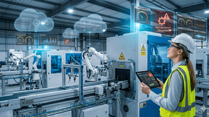 Ingenieur überwacht vorausschauende Wartungsdaten auf holografischen Displays und einem Tablet in einer intelligenten Fabrik.