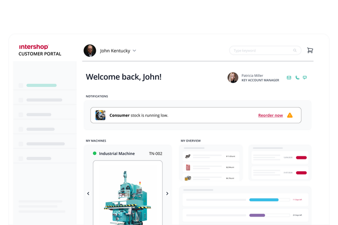 Screenshot of the Intershop Customer Portal with a personalized “Welcome back, John!” dashboard, low-stock notification, overview of installed machines and a tile-based view of order and service information.