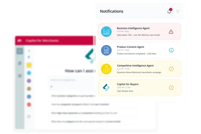 Screenshot von Intershop Copilot for Merchants mit einer Benachrichtigungsleiste, in der Business Intelligence Agent, Product Content Agent, Competitive Intelligence Agent und Copilot for Buyers proaktiv Ergebnisse und nächste Schritte melden.