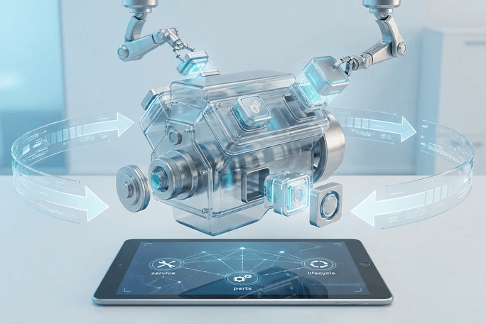 Futuristische 3D-Illustration des B2B-Aftermarket-E-Commerce, die ein transparentes Maschinenteil zeigt, das von Roboterarmen über einer digitalen Tablet-Oberfläche gewartet wird und das Ersatzteil- und Service-Lebenszyklusmanagement darstellt