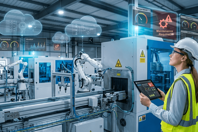 Engineer monitoring predictive maintenance data on holographic displays and a tablet in a smart factory.