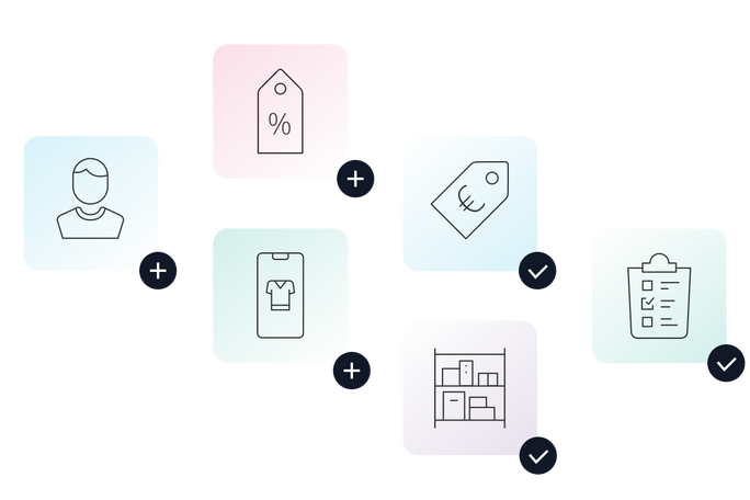 Grafische Darstellung des Intershop Copilot for Merchants mit mehr Kontrolle über zentrale Commerce-Funktionen, mit Symbolen für Kunden, Promotions, Mobile Commerce, Preise, Bestände und Aufgaben, die sich per Prompt steuern lassen.