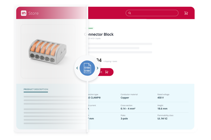 Ansicht des Intershop Product Content Agent, der Produktinformationen für eine Connector-Block-Produktdetailseite im Online-Shop anreichert, validiert und optimiert.