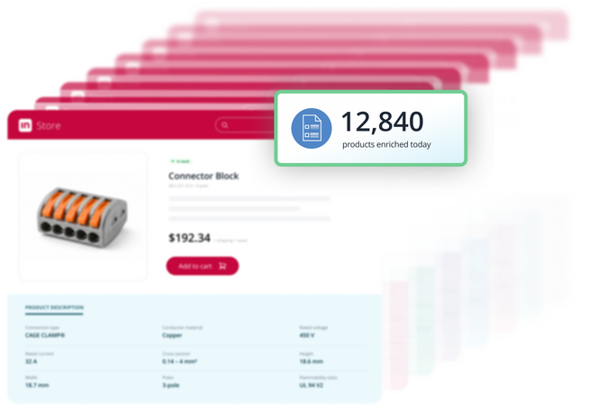 Ansicht des Intershop Product Content Agent mit automatisierter Anreicherung von Produktinformationen und einem Zähler, der 12.840 heute angereicherte Produkte anzeigt.