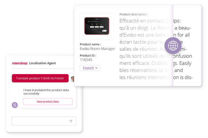 Screenshot des Intershop Localization Agent, der Produktdaten ins Französische übersetzt, mit lokalisierter Produktbeschreibung und einer Chat-Bestätigung über die erfolgreiche Übersetzung der Produktdaten.