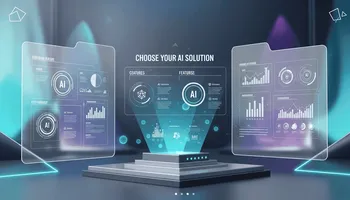 Illustration of a laptop with AI solutions for choosing the right AI technology in e-commerce.