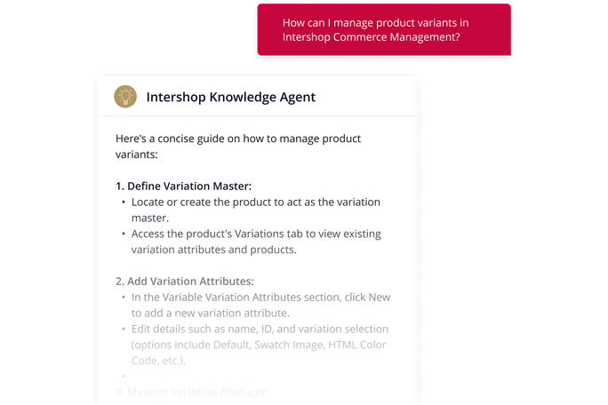 Ansicht des Intershop Knowledge Agent mit einer kompakten Schritt-für-Schritt-Anleitung zur Verwaltung von Produktvarianten in Intershop Commerce Management.