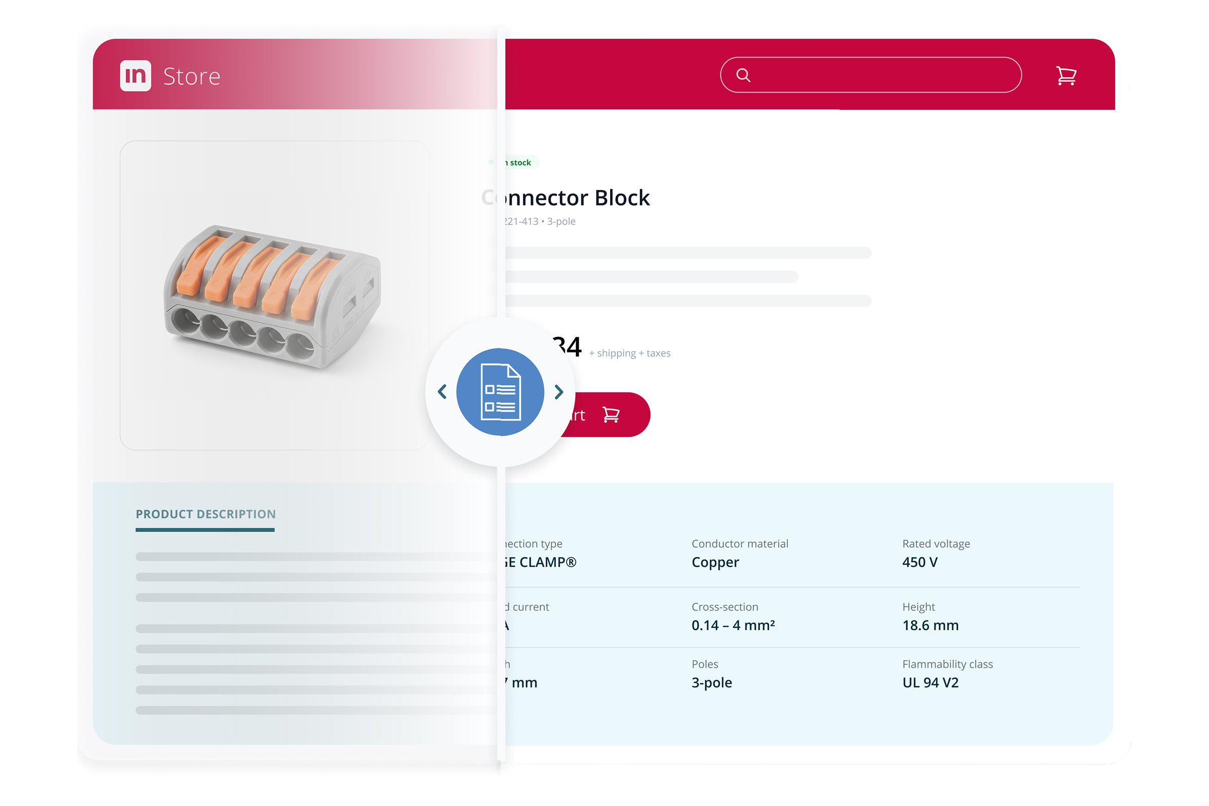 Screenshot of the Intershop Product Content Agent enriching, validating and optimizing product information for a connector block product detail page in an online store.